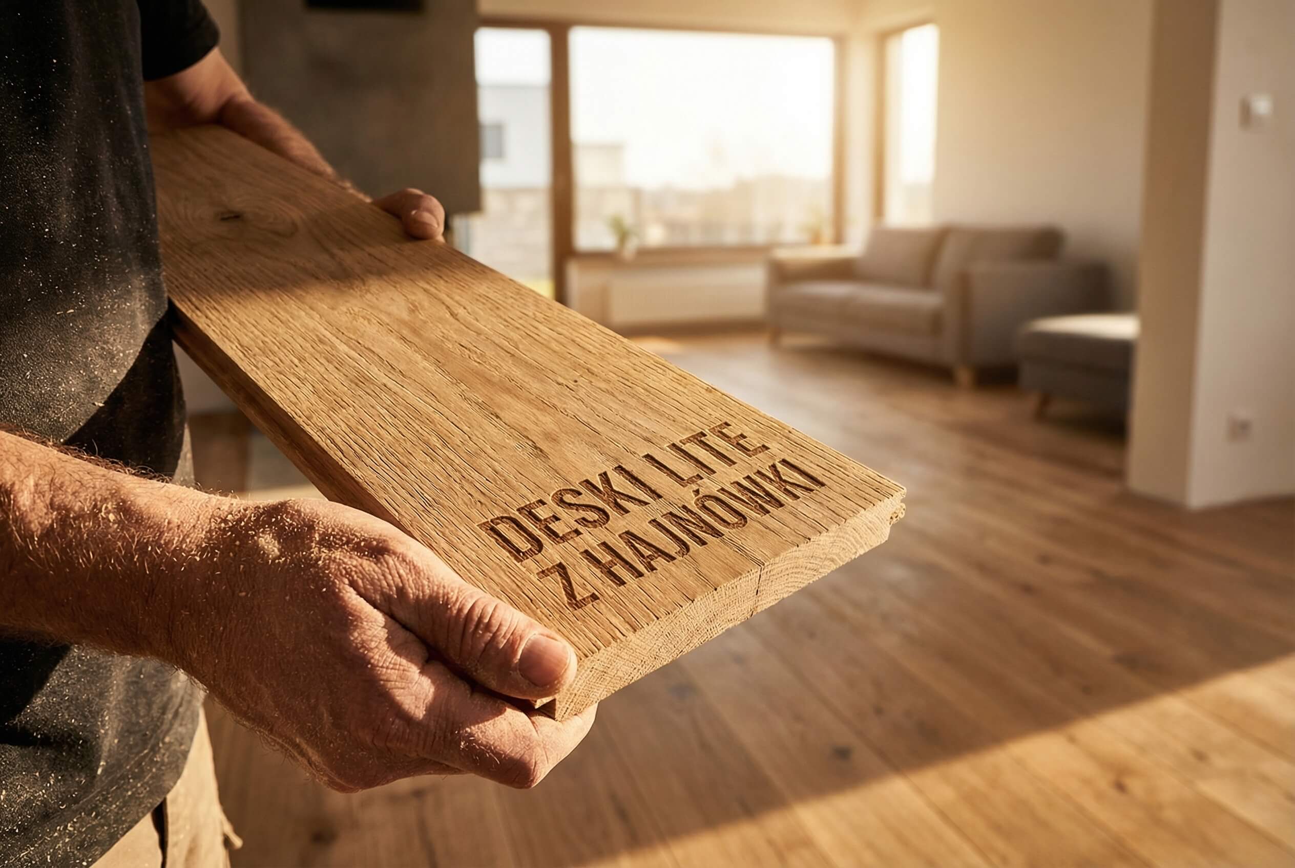 Dłonie rzemieślnika trzymające deskę litą z dębu z grawerem "Deski lite z Hajnówki - Andrewpol" w jasnym salonie.