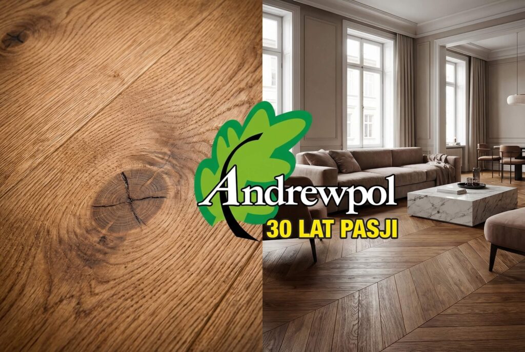 Elegancki salon z dębową podłogą ułożoną w jodełkę klasyczną oraz zbliżenie na strukturę drewna z logo Andrewpol.