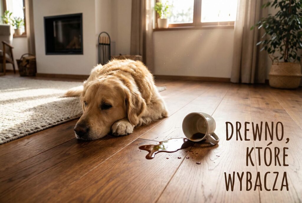 Pies rasy Golden Retriever leżący na wytrzymałej dębowej podłodze Andrewpol obok rozlanej kawy, ilustrujący hasło „Drewno, które wybacza”.