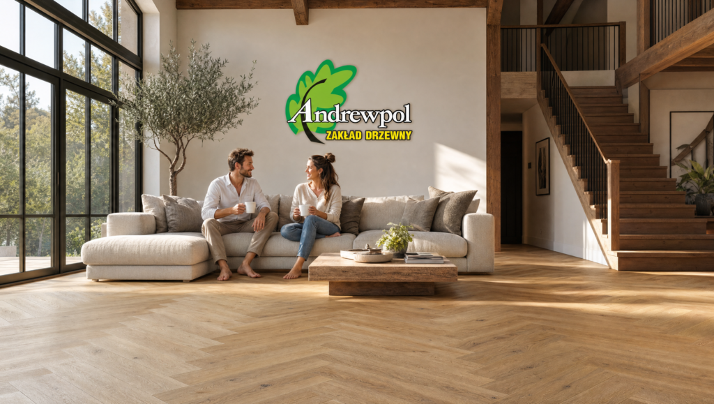 Nowoczesne, jasne wnętrze salonu z sofą i podłogą z naturalnego drewna ułożoną w jodełkę klasyczną. Na ścianie widoczne zielone logo Andrewpol – realizacja ekologicznych podłóg drewnianych w Przedszkolu Szarytek w Białymstoku.