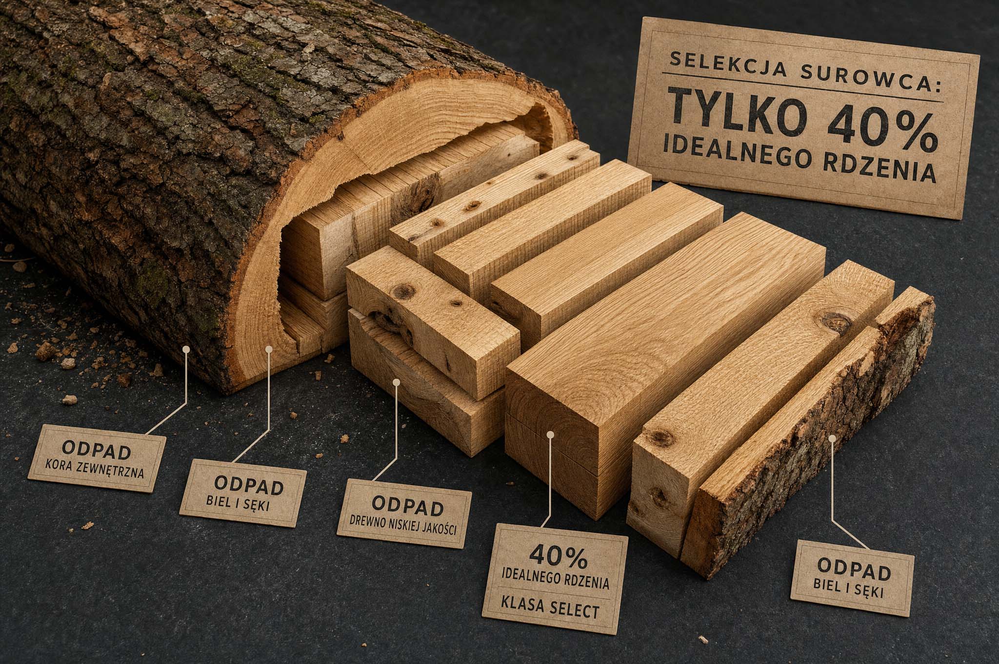 Przekrój kłody dębowej z oznaczeniem selekcji surowca: tylko 40% idealnego rdzenia klasy Select oraz odpady bieli i sęków