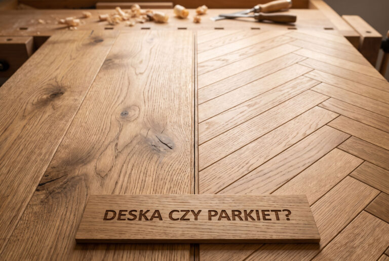 Zestawienie podłóg drewnianych na stole stolarskim: szeroka lita deska dębowa po lewej oraz parkiet dębowy ułożony w jodełkę po prawej, z tabliczką „DESKA CZY PARKIET?” – Andrewpol.
